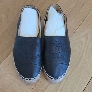 CHANEL Black Leather Espadrille Slip-Ons with CC Logo